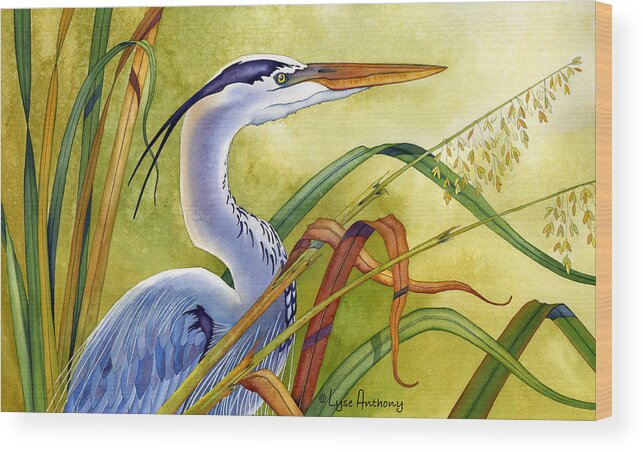 Watercolor Wood Print featuring the painting Great Blue Heron by Lyse Anthony