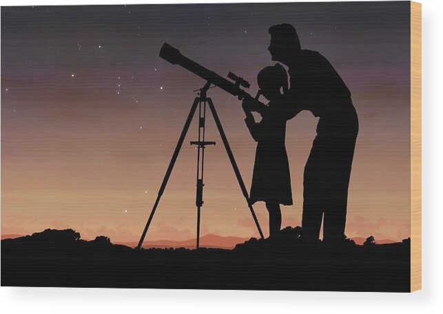 Artwork Wood Print featuring the photograph Man And Girl Using Telescope by Mark Garlick/science Photo Library