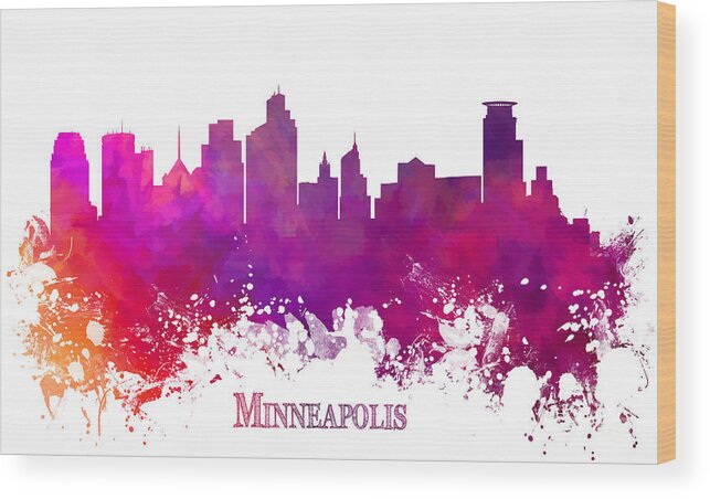 Minneapolis Wood Print featuring the digital art Minneapolis City skyline purple by Justyna Jaszke JBJart