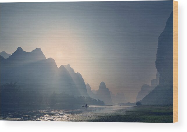 Guangxi Wood Print featuring the photograph Misty sunrise 3 by Afrison Ma