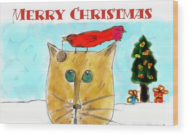 Cat Wood Print featuring the painting MPrints - Christmas Cheer 1 by M Stuart