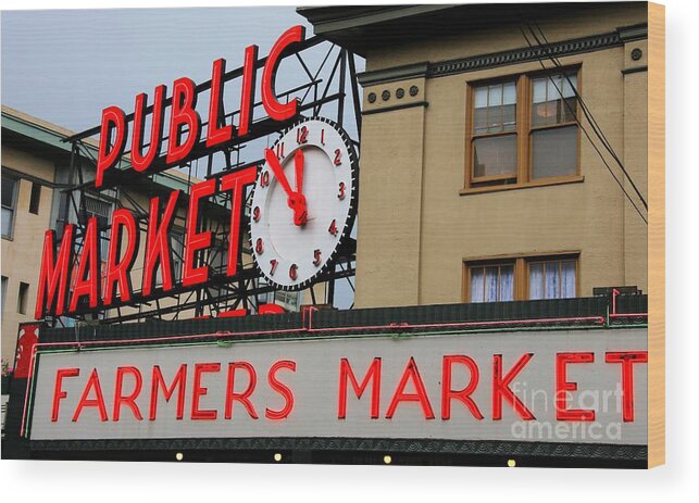 Seattle Wood Print featuring the photograph Pike Place Farmers Market Sign by Tap On Photo