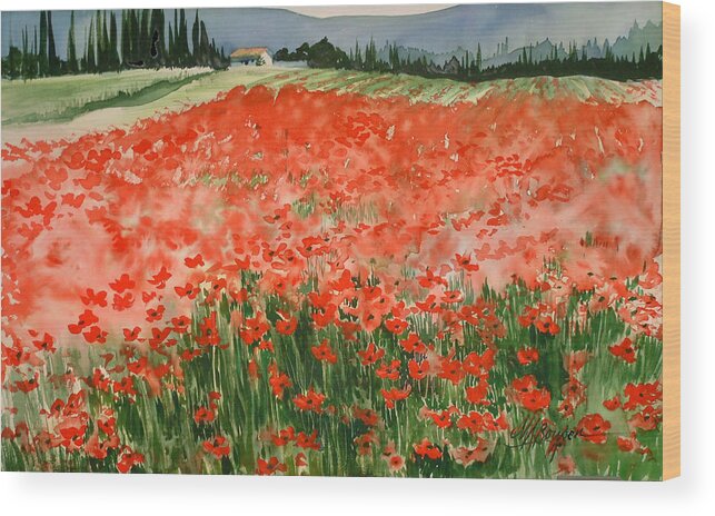 Watercolors Wood Print featuring the painting Poppy Field by Maryann Boysen