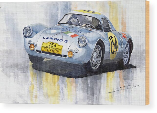 Watercolor Wood Print featuring the painting Porsche 550 Coupe 154 Carrera Panamericana 1953 by Yuriy Shevchuk