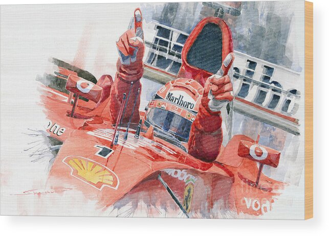Watercolor Wood Print featuring the painting 2001 Scuderia Ferrari Marlboro F 2001 Ferrari 050 M Schumacher by Yuriy Shevchuk