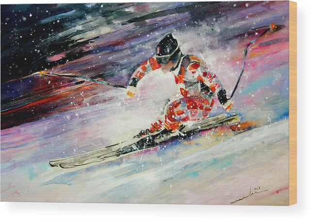 Sports Wood Print featuring the painting Skiing 01 by Miki De Goodaboom