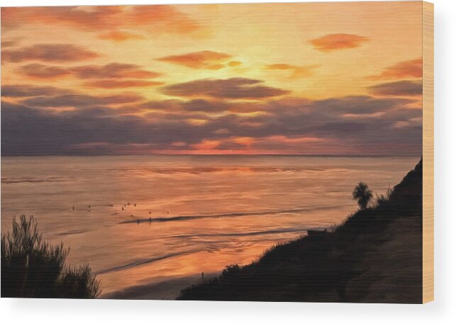 Beach Wood Print featuring the painting Sunset at Swami's Encinitas by Michael Pickett