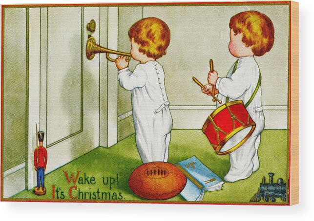 Vintage Christmas Card Wood Print featuring the digital art Wake Up Its Christmas by Wake Up Its Christmas