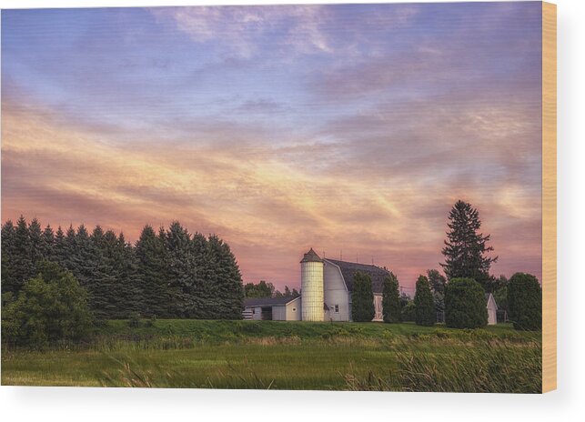 White Barn Sunset Wood Print featuring the photograph White Barn Sunset by Mark Papke