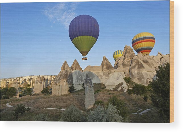 Interesting Wood Print featuring the photograph Hot air Balloons over Peaks by Kantilal Patel