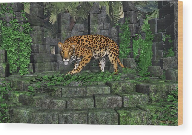 Jungle Ruins Jaguar Wood Print featuring the digital art Jungle Ruins Jaguar by Walter Colvin