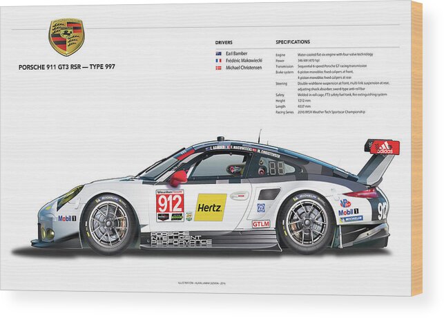 2016 Porsche 911gt3r Rsr Image Wood Print featuring the drawing 2016 911gt3r Rsr Poster by Alain Jamar