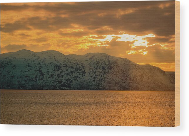 Landscape Wood Print featuring the photograph Altafjord Snowy Peaks at Sunset by Adam Rainoff