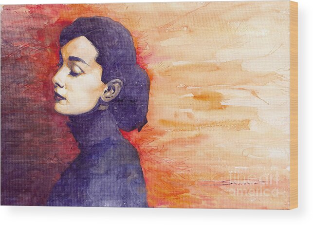 Watercolour Wood Print featuring the painting Audrey Hepburn 1 by Yuriy Shevchuk