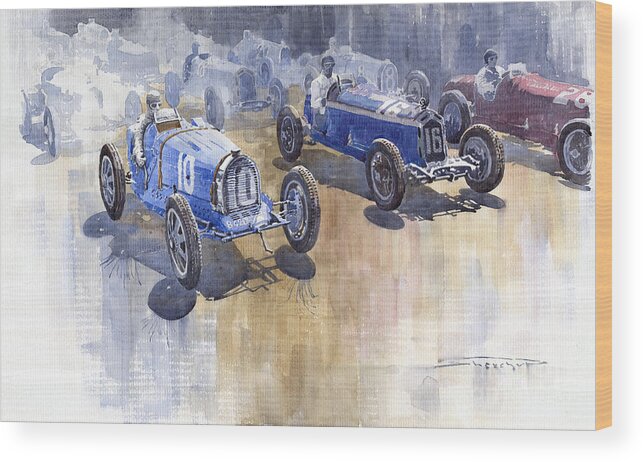 Watercolour Wood Print featuring the painting Bugatti 51 Alfa Romeo 8C 1933 Monaco GP by Yuriy Shevchuk