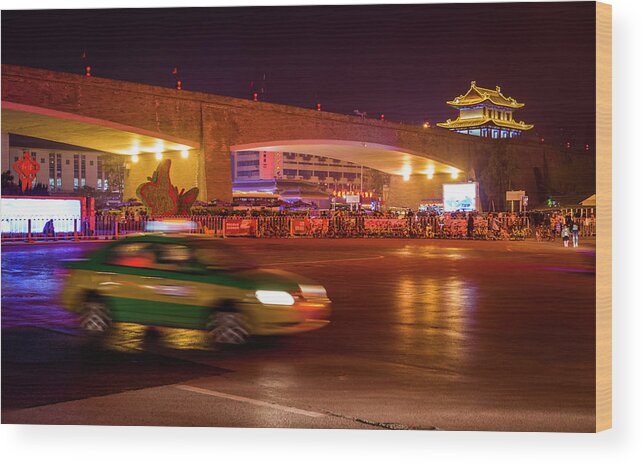 China Wood Print featuring the photograph City Wall at Night Xian Shaanxi China by Adam Rainoff