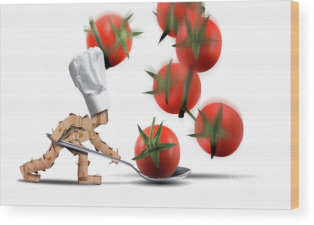 Kitchen Wood Print featuring the digital art Cute chef box character catching tomatoes by Simon Bratt