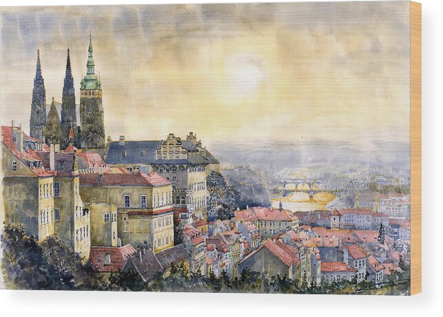 Watercolor Wood Print featuring the painting Dawn of Prague by Yuriy Shevchuk