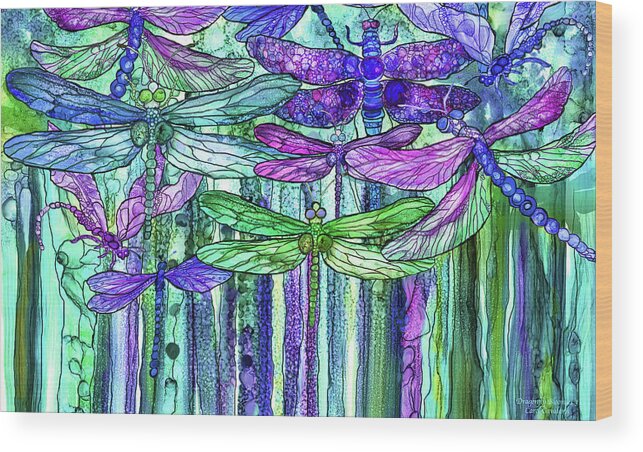 Carol Cavalaris Wood Print featuring the mixed media Dragonfly Bloomies 3 - Purple by Carol Cavalaris
