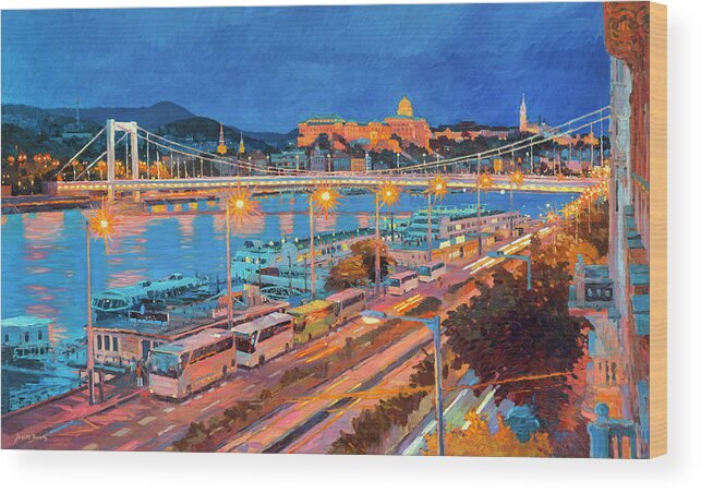 Buda Castle Wood Print featuring the painting Elisabeth Bridge With Lights by Judith Barath