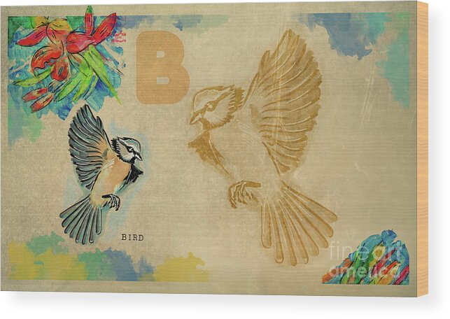 Educational Wood Print featuring the drawing English alphabet , Bird by Ariadna De Raadt