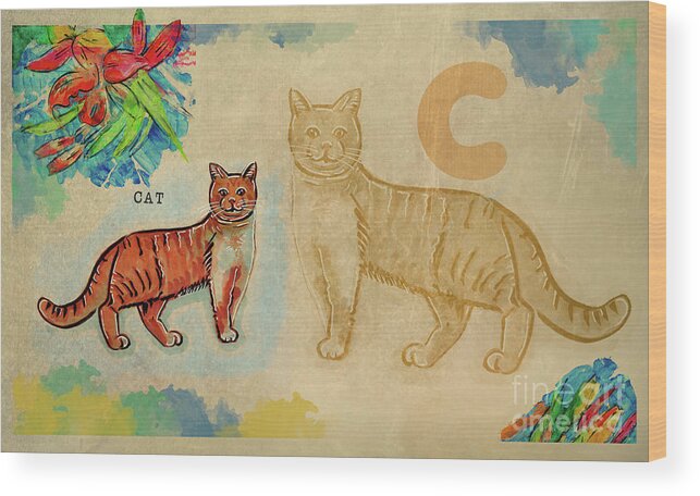 Educational Wood Print featuring the drawing English alphabet , Cat by Ariadna De Raadt