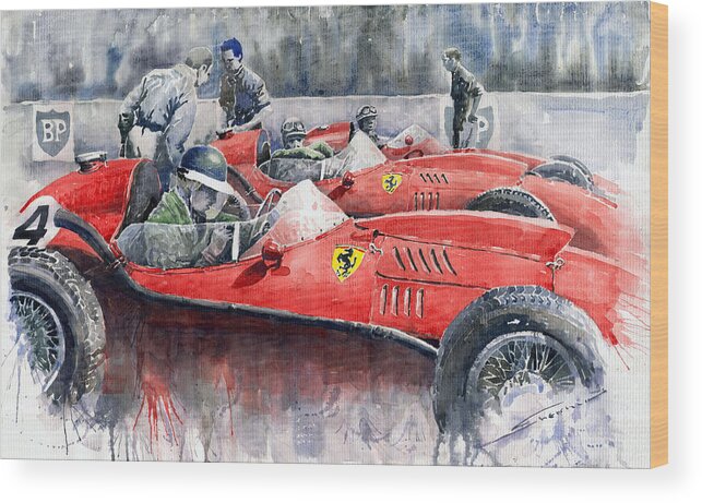 Car Wood Print featuring the painting Ferrari Dino 246 F1 1958 Mike Hawthorn French GP by Yuriy Shevchuk