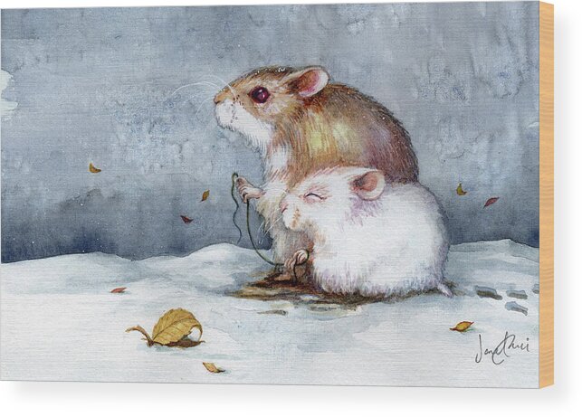Hamster Wood Print featuring the painting First Snow by Janet Chui