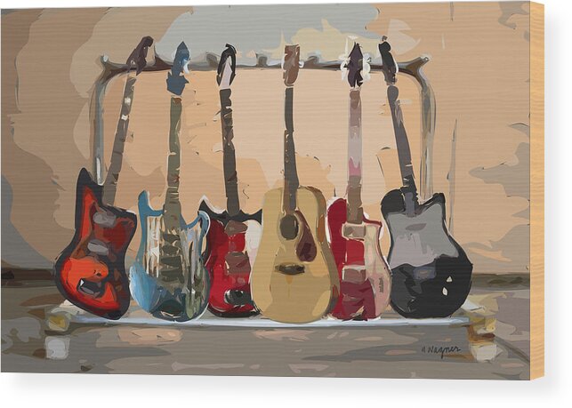 Guitar Wood Print featuring the digital art Guitars On A Rack by Arline Wagner