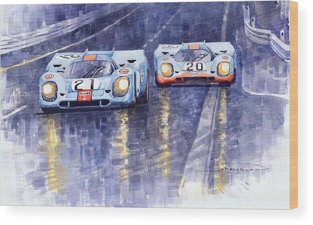 Shevchukart Wood Print featuring the painting Gulf-Porsche 917 K Spa Francorchamps 1971 by Yuriy Shevchuk