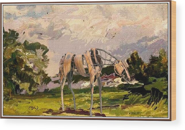 Modern Painting Wood Print featuring the mixed media HORSE statue in The field by Pemaro