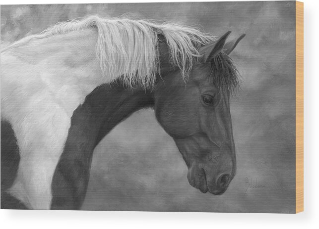 Horse Wood Print featuring the painting Intrigued - Black and White by Lucie Bilodeau