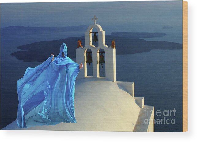 Person Wood Print featuring the photograph Lady In Blue Santorini Greece by Bob Christopher