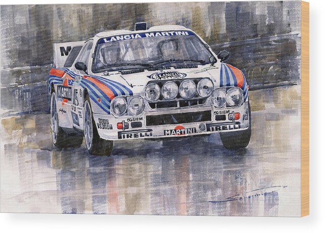 Watercolor Wood Print featuring the painting Lancia 037 Martini Rally 1983 by Yuriy Shevchuk