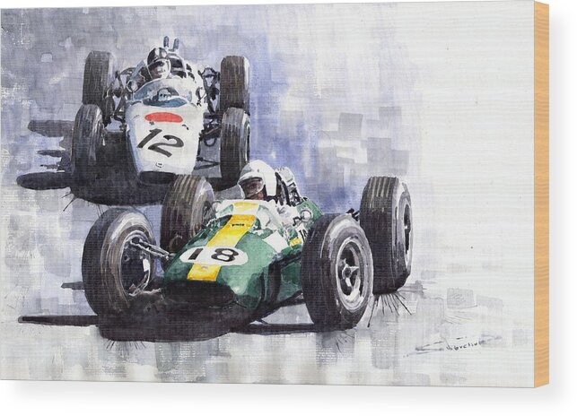 Watercolour Wood Print featuring the painting Lotus vs Honda Mexican GP 1965 by Yuriy Shevchuk