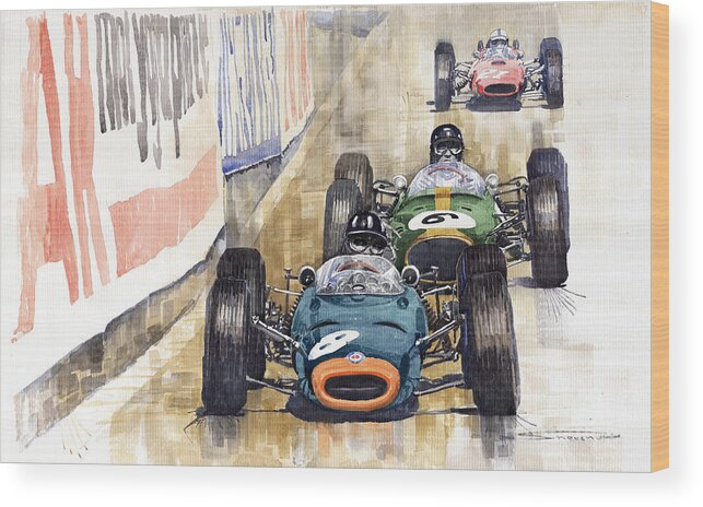 Watercolour Wood Print featuring the painting Monaco GP 1964 BRM Brabham Ferrari by Yuriy Shevchuk