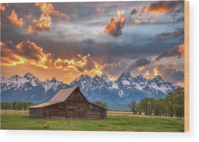 Moulton Barn Wood Print featuring the photograph Moulton Barn Sunset Fire by Darren White
