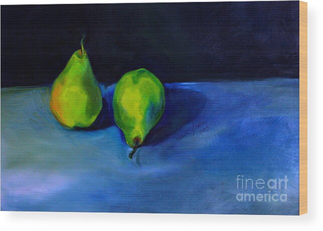 Oil Painting Wood Print featuring the painting Pears Space Between by Daun Soden-Greene