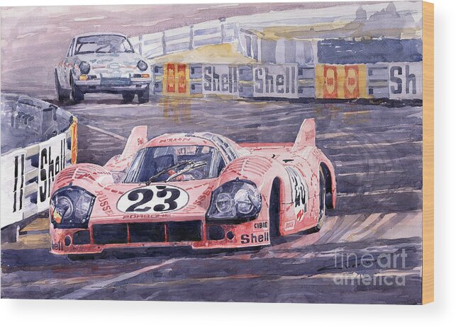 Watercolor Wood Print featuring the painting Porsche 917-20 Pink Pig Le Mans 1971 Joest Reinhold by Yuriy Shevchuk