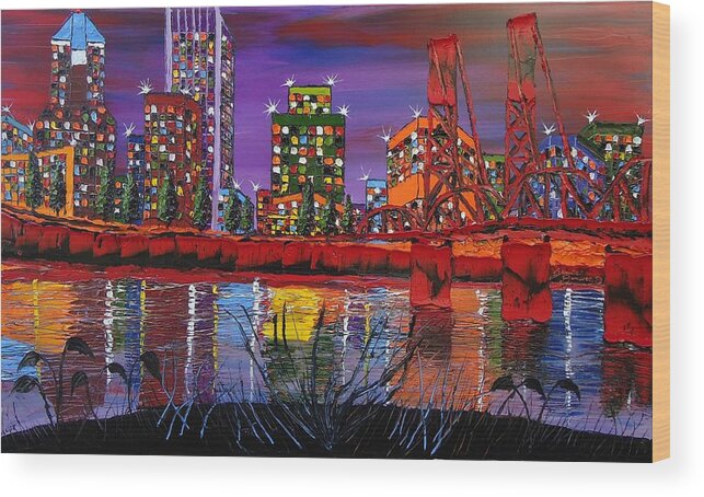 Portland City Lights Wood Print featuring the painting Portland City Lights 14 by James Dunbar