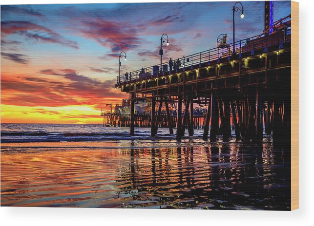 Santa Monica Pier Sunset Wood Print featuring the photograph Ripples And Reflections by Gene Parks
