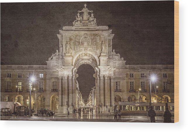 Joan Carroll Wood Print featuring the photograph Rua Agusta Arch Lisbon Textured by Joan Carroll