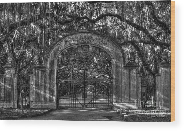 Reid Callaway Oak Art Wood Print featuring the photograph Savannah's Wormsloe Plantation Gate BW Live Oak Alley Art by Reid Callaway