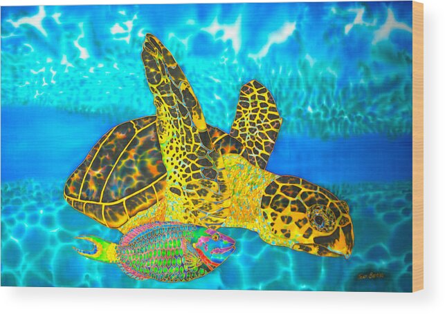 Turtle Wood Print featuring the painting Sea Turtle and Parrotfish by Daniel Jean-Baptiste