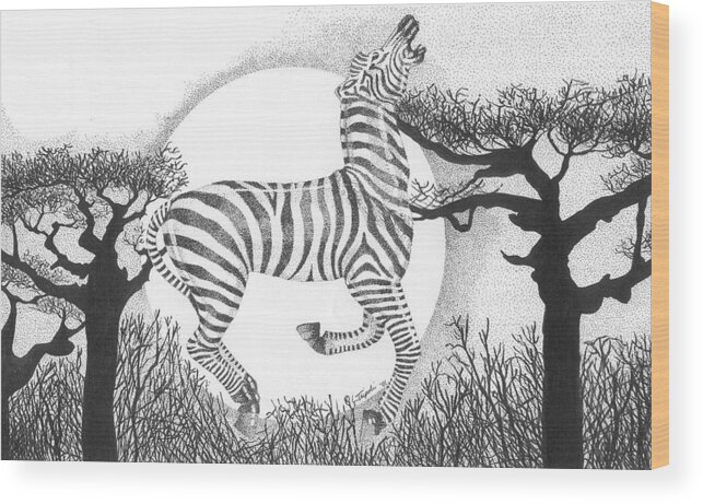 Zebra Wood Print featuring the drawing Serengeti Dreams by Lawrence Tripoli