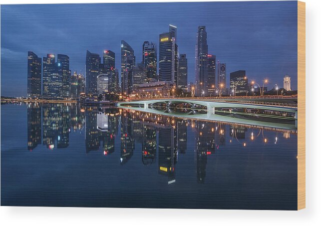 Lights Wood Print featuring the photograph Singapore skyline reflection by Pradeep Raja Prints