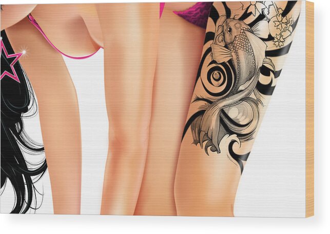 Tattoo Wood Print featuring the digital art Tattoo Girl by Brian Gibbs