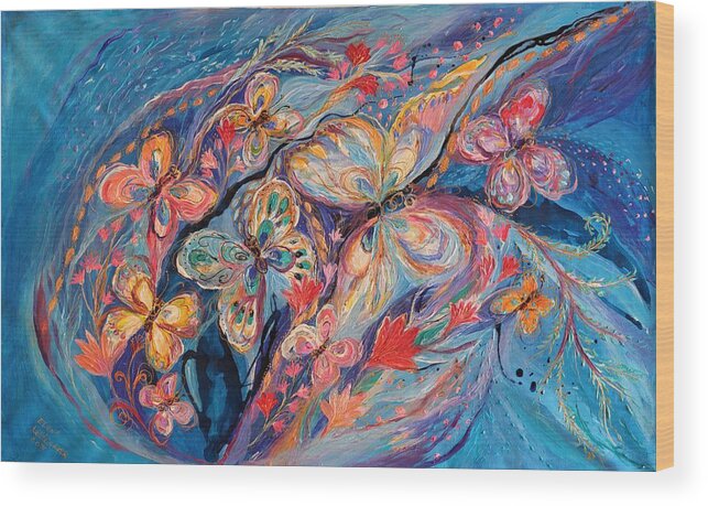 Modern Jewish Art Wood Print featuring the painting The Butterflies on Blue by Elena Kotliarker