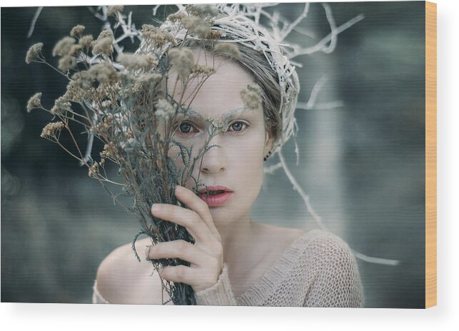 Woman Wood Print featuring the photograph The Glance. Prickle Tenderness by Inna Mosina