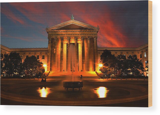 Lee Dos Santos Wood Print featuring the photograph The Golden Columns - Philadelphia Museum of Art - Sunset by Lee Dos Santos
